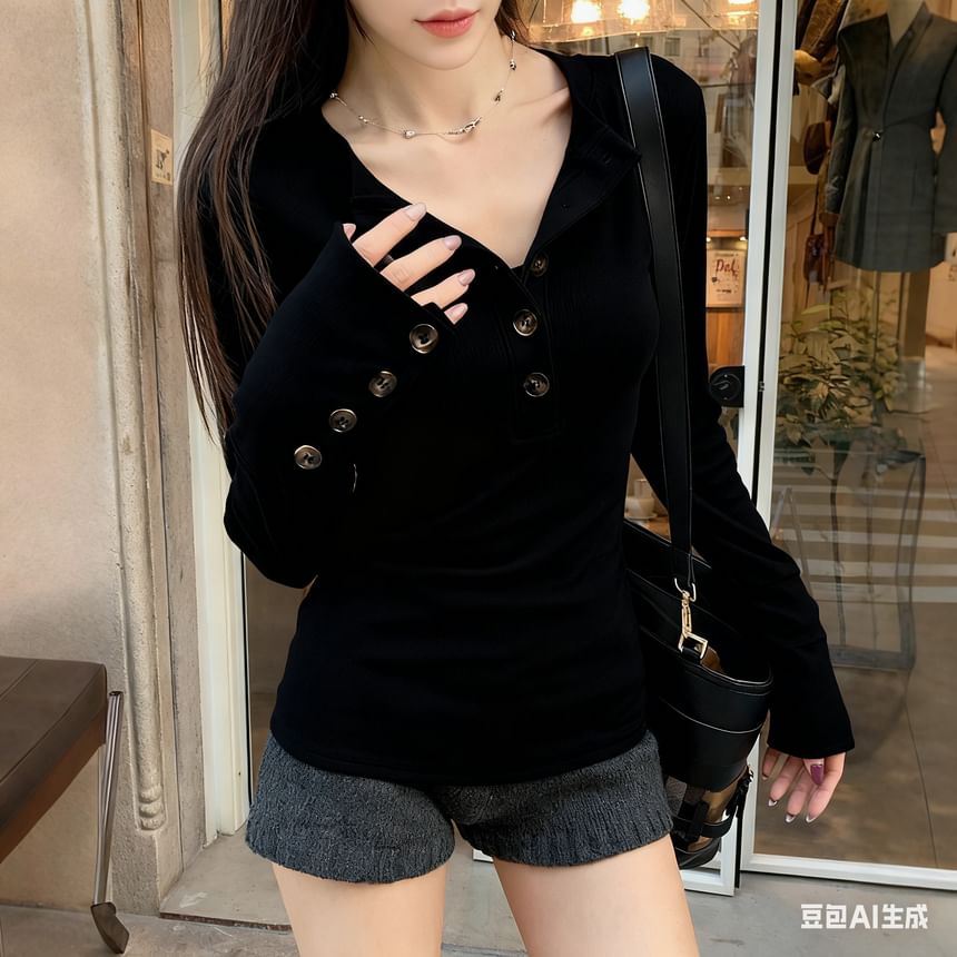 Henley Neck Solid Ribbed Long Sleeve Tee