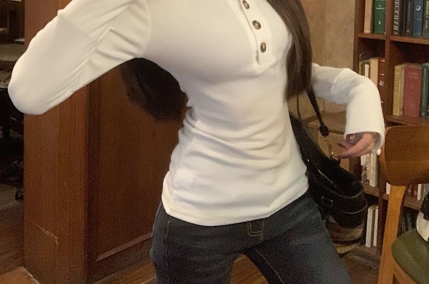 Henley Neck Solid Ribbed Long Sleeve Tee