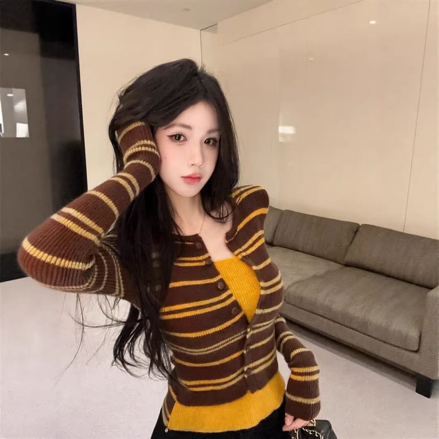 Round Neck Striped Mock Two-Piece Knit Top