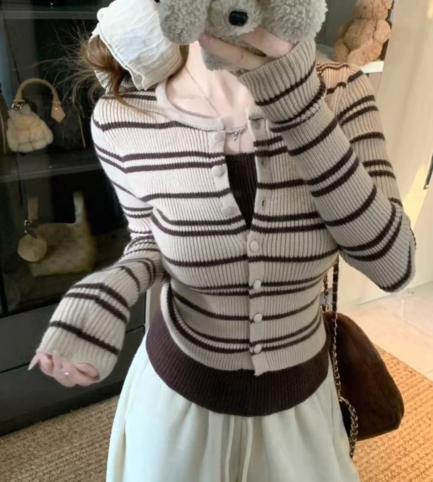 Round Neck Striped Mock Two-Piece Knit Top
