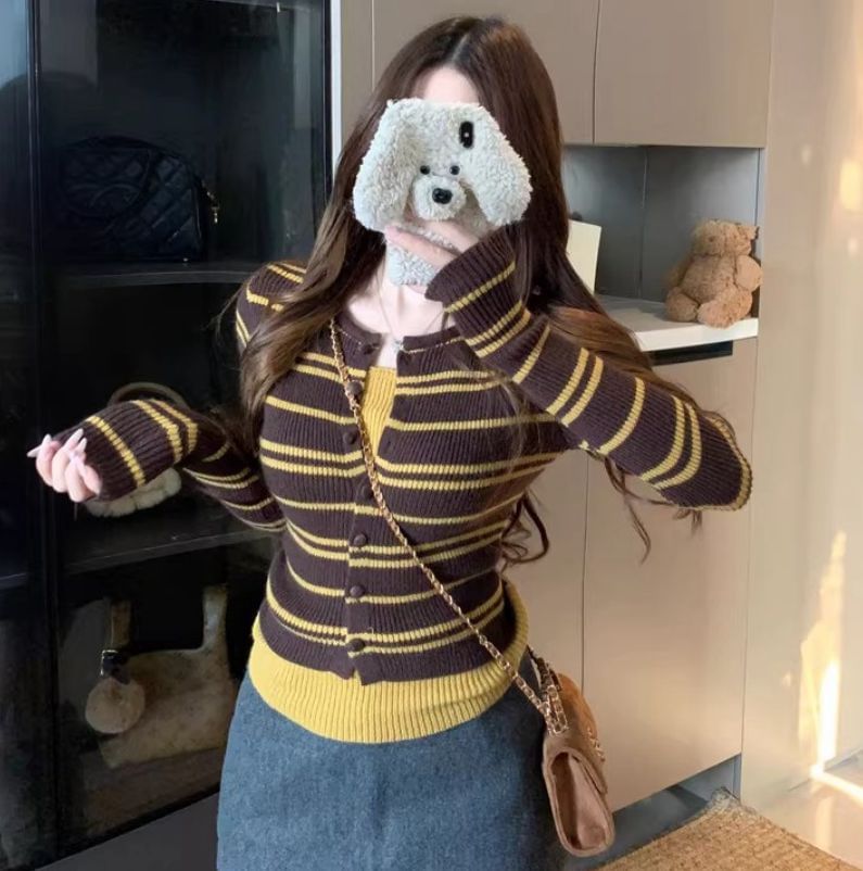 Round Neck Striped Mock Two-Piece Knit Top