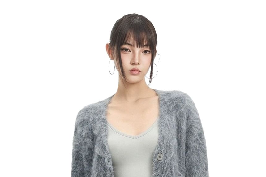 V-Neck Plain Fluffy Button Up Cardigan