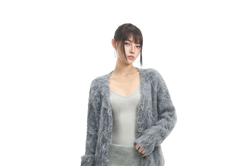 V-Neck Plain Fluffy Button Up Cardigan