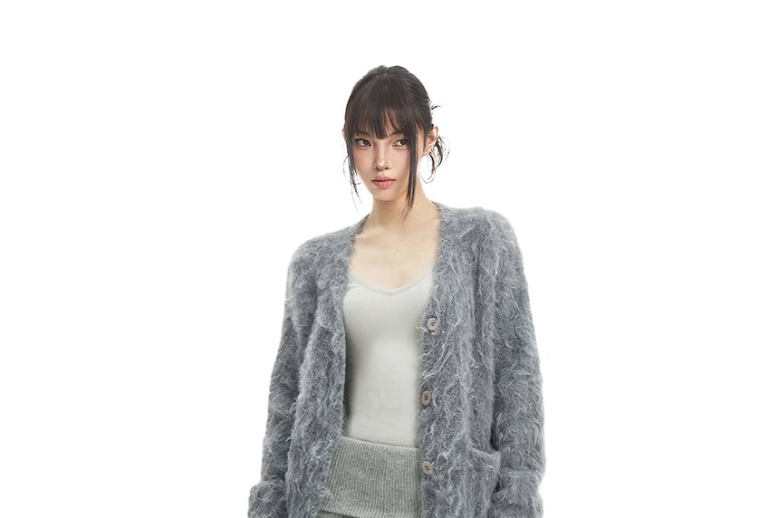V-Neck Plain Fluffy Button Up Cardigan
