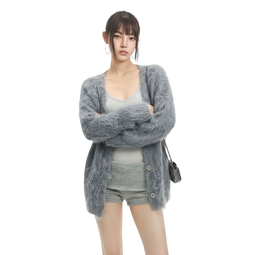 V-Neck Plain Fluffy Button Up Cardigan