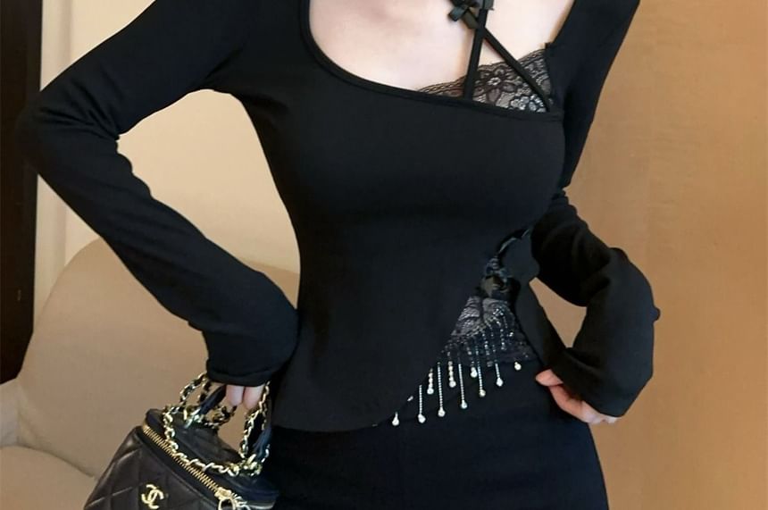 Square Neck Long Sleeve Solid Lace Trim Tee