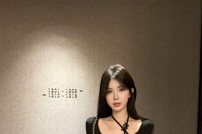 Square Neck Long Sleeve Solid Lace Trim Tee