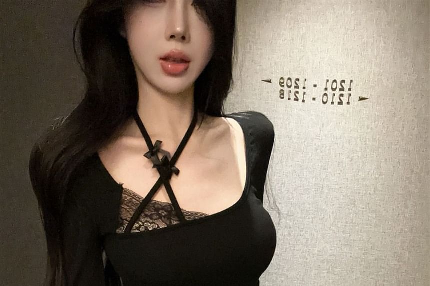 Square Neck Long Sleeve Solid Lace Trim Tee
