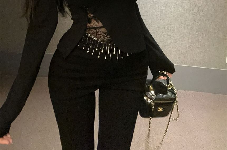Square Neck Long Sleeve Solid Lace Trim Tee