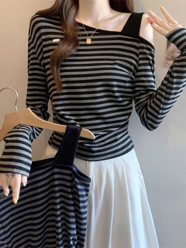 Cold Shoulder Striped Long Sleeve Tee