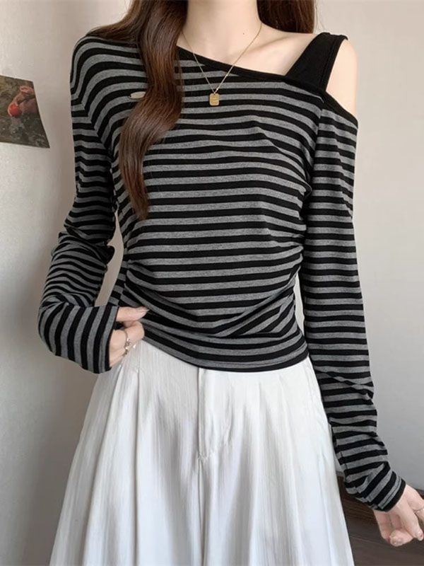 Cold Shoulder Striped Long Sleeve Tee