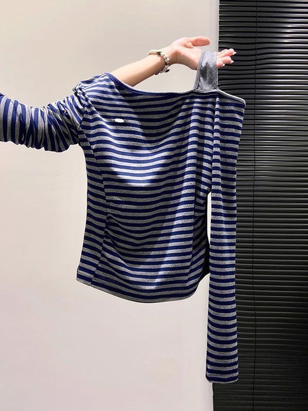 Cold Shoulder Striped Long Sleeve Tee