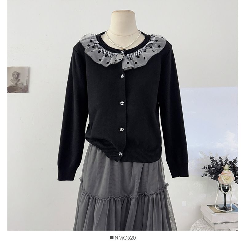 Long Sleeve Round Neck Ruffled-Trim Polka Dot Loose-Fit Cardigan