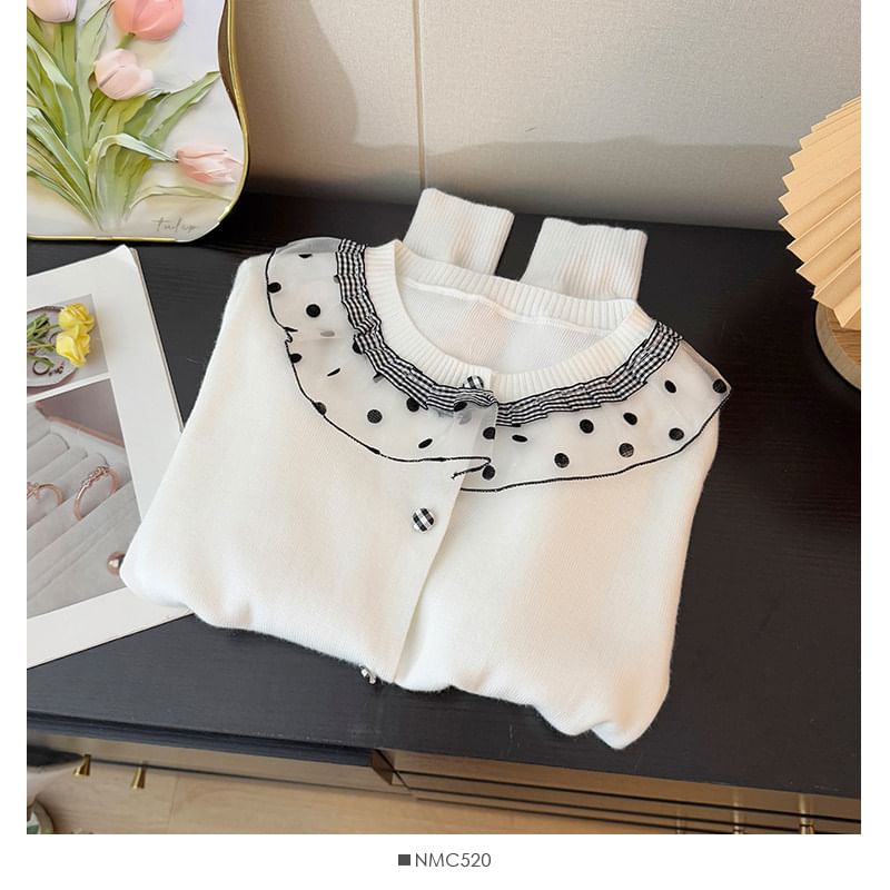 Long Sleeve Round Neck Ruffled-Trim Polka Dot Loose-Fit Cardigan