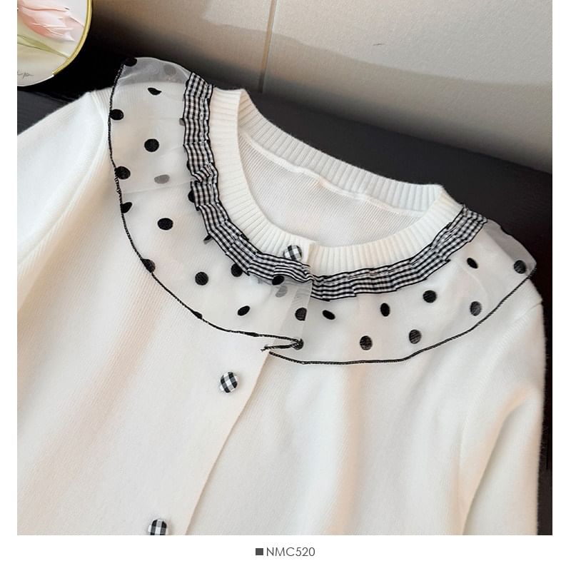 Long Sleeve Round Neck Ruffled-Trim Polka Dot Loose-Fit Cardigan