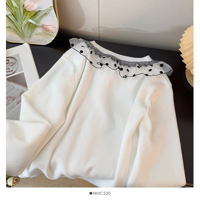 Long Sleeve Round Neck Ruffled-Trim Polka Dot Loose-Fit Cardigan