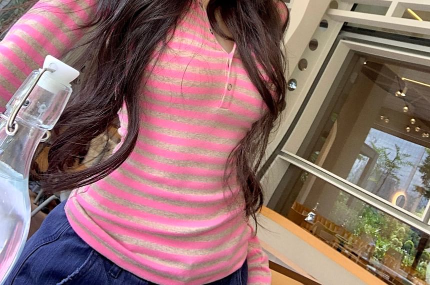 Classic Striped Henley Long Sleeve Shirt