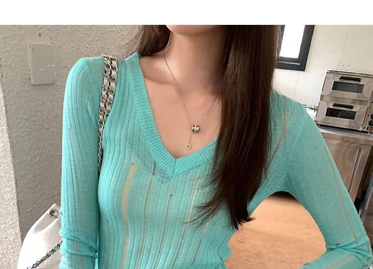 Distressed Knit V-Neck Long Sleeve Top