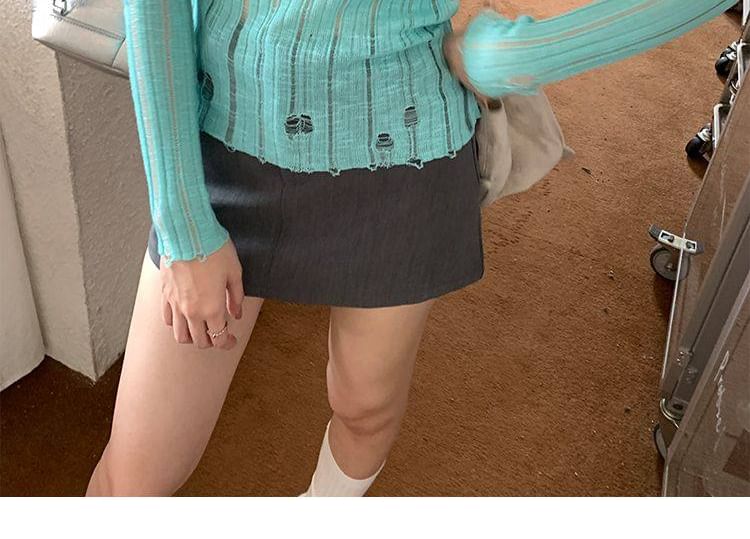 Distressed Knit V-Neck Long Sleeve Top