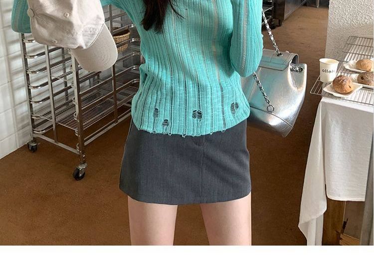 Distressed Knit V-Neck Long Sleeve Top