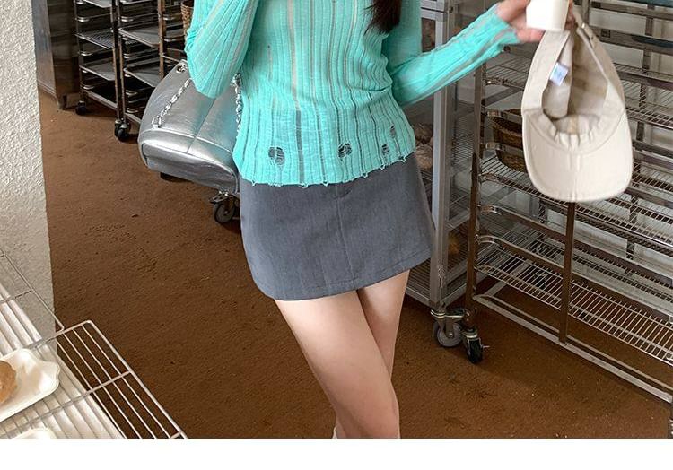 Distressed Knit V-Neck Long Sleeve Top