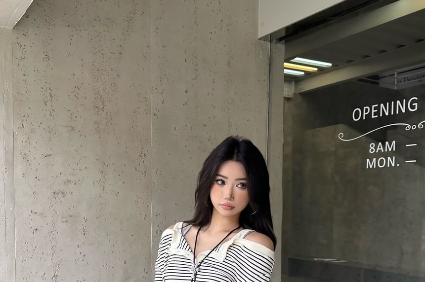 Striped Cold Shoulder Long Sleeve Tee