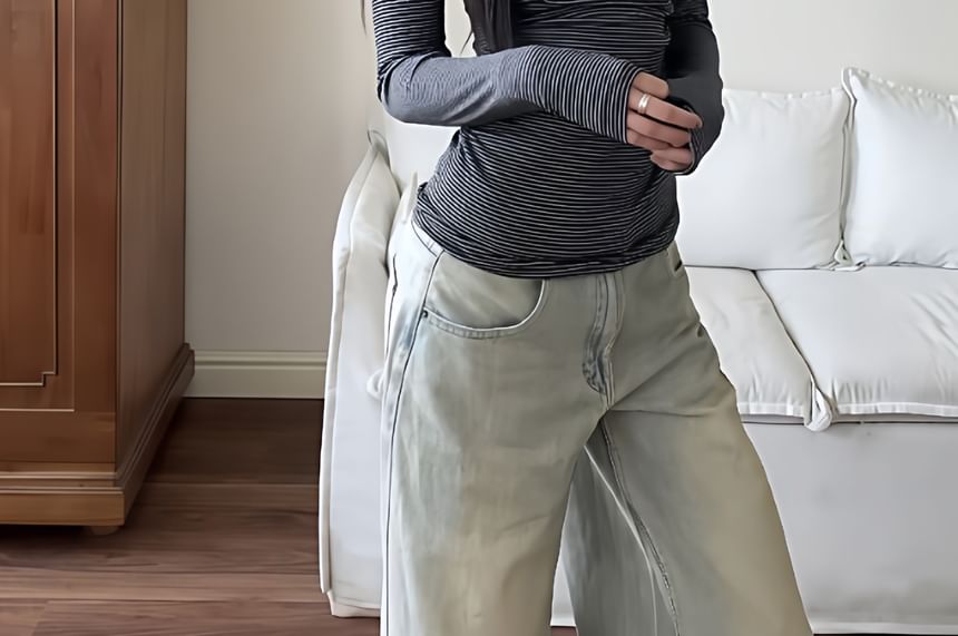 Square Neck Striped Long Sleeve Tee