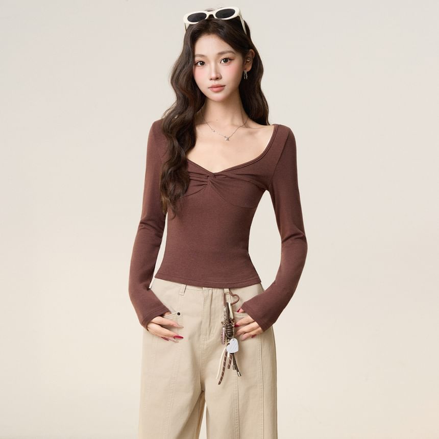 Extended Sleeve V-Neck Twisted Solid Blouse