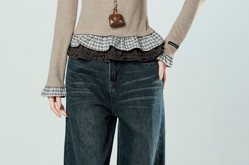 Long Sleeve Crew Neck Plaid Hem Shirt