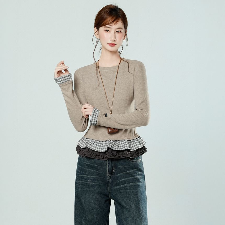 Long Sleeve Crew Neck Plaid Hem Shirt
