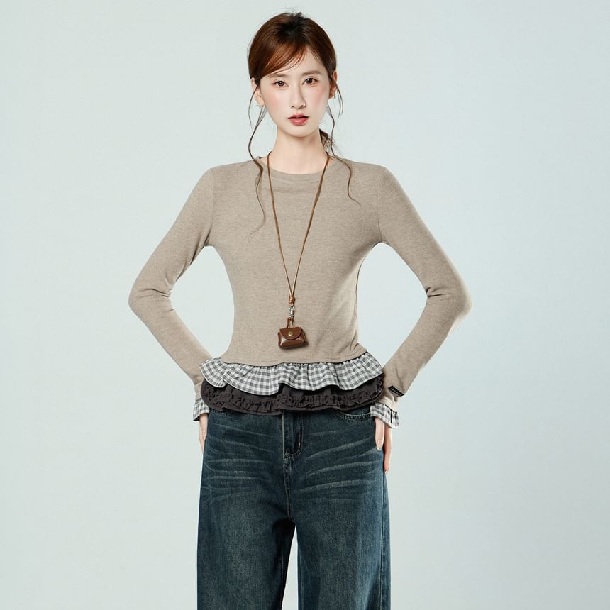 Long Sleeve Crew Neck Plaid Hem Shirt