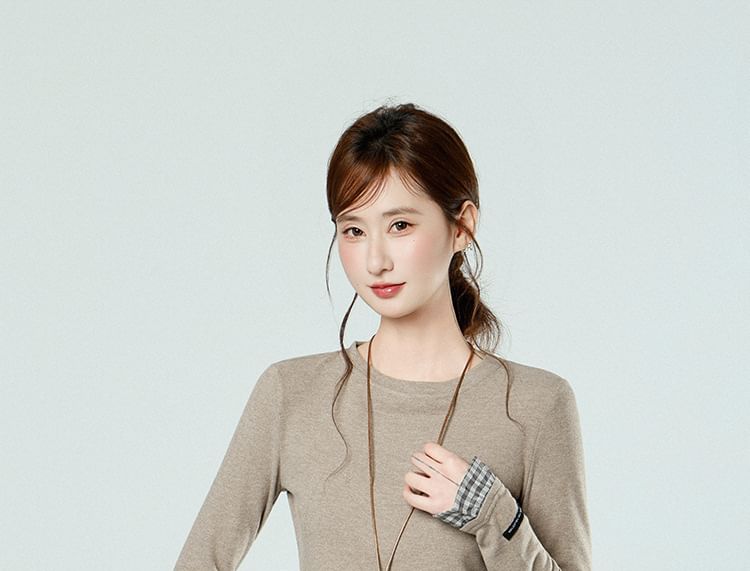 Long Sleeve Crew Neck Plaid Hem Shirt