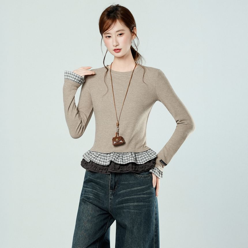 Long Sleeve Crew Neck Plaid Hem Shirt