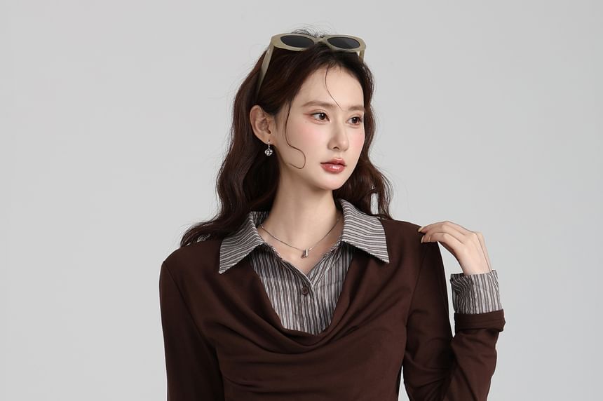 Striped Collar Mock Two-Piece Long Sleeve Tee