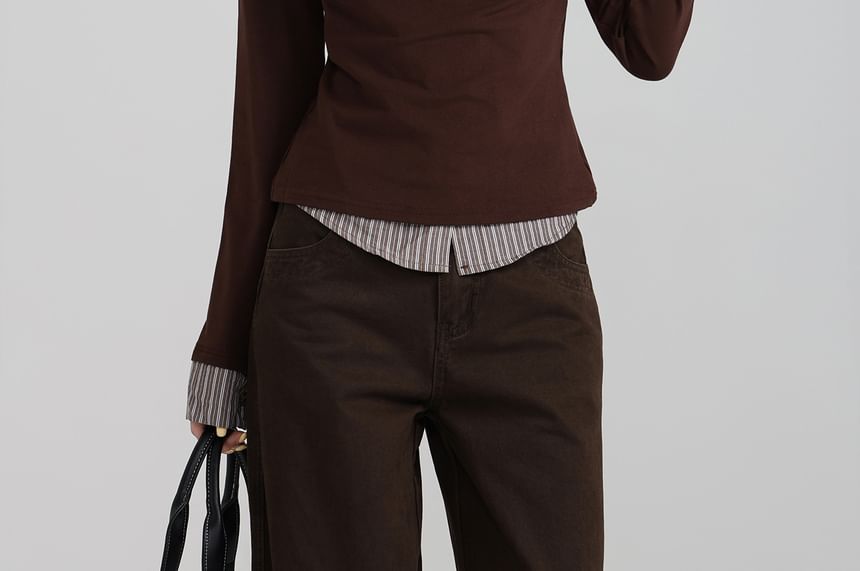 Striped Collar Mock Two-Piece Long Sleeve Tee