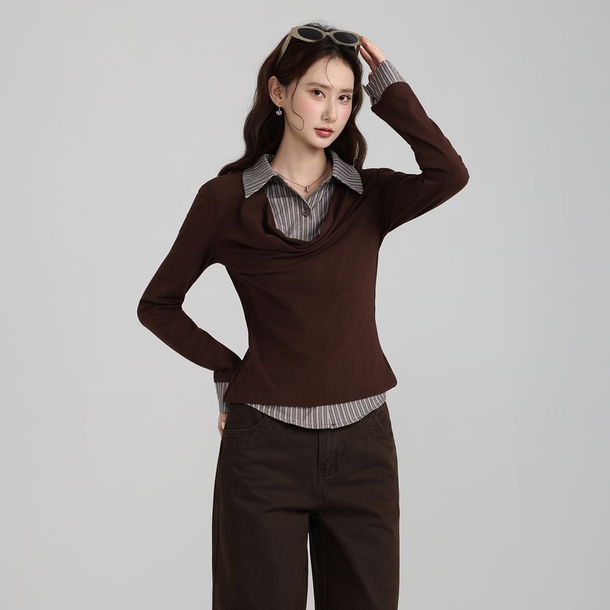 Striped Collar Mock Two-Piece Long Sleeve Tee