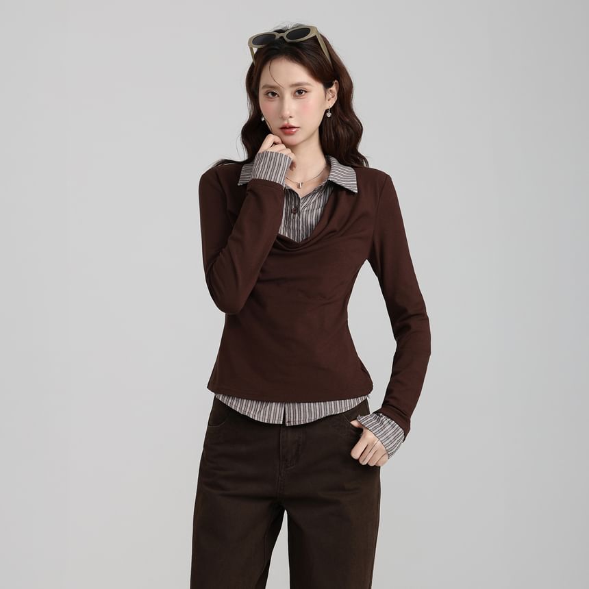 Striped Collar Mock Two-Piece Long Sleeve Tee