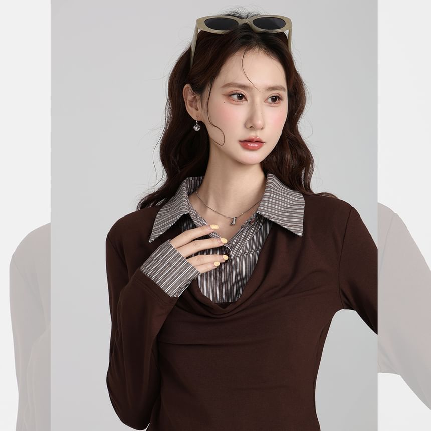 Striped Collar Mock Two-Piece Long Sleeve Tee