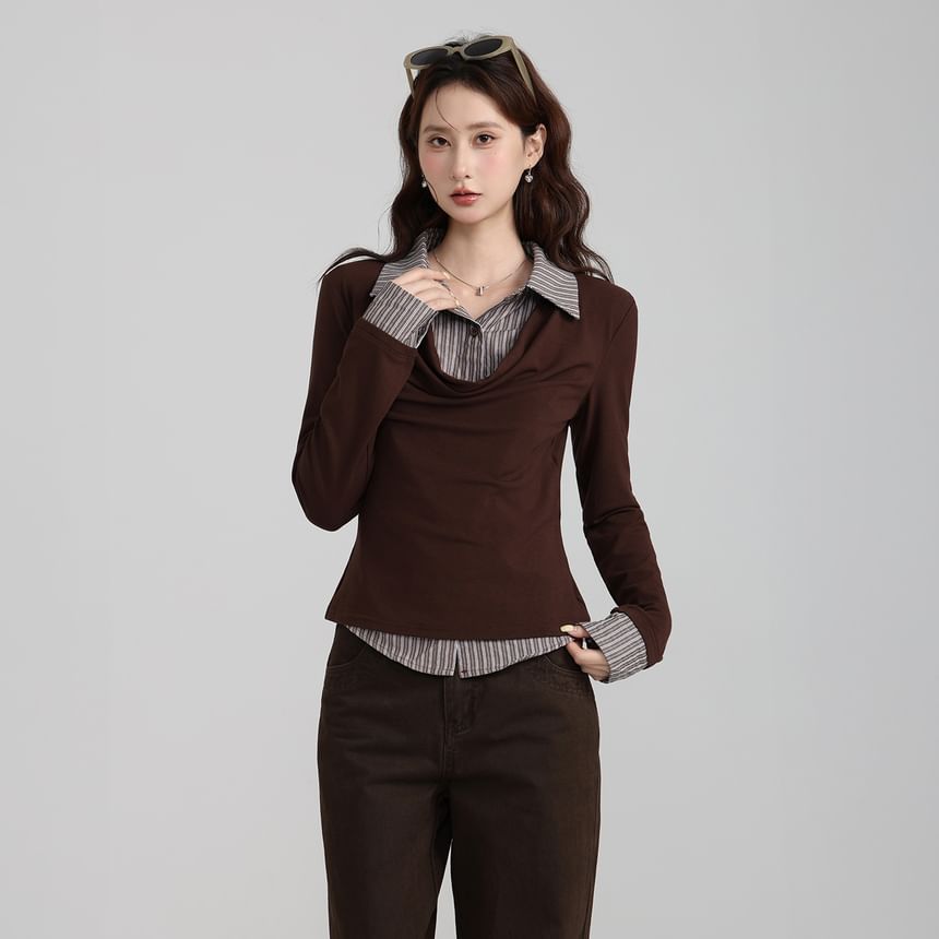 Striped Collar Mock Two-Piece Long Sleeve Tee