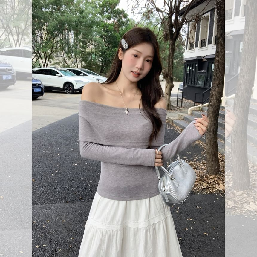 Off Shoulder Long Sleeve Solid Top