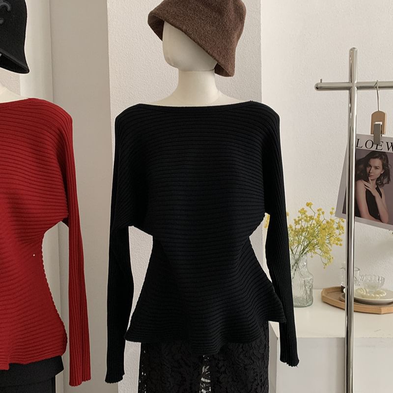 Boat Neck Ribbed Knit Long Sleeve Top