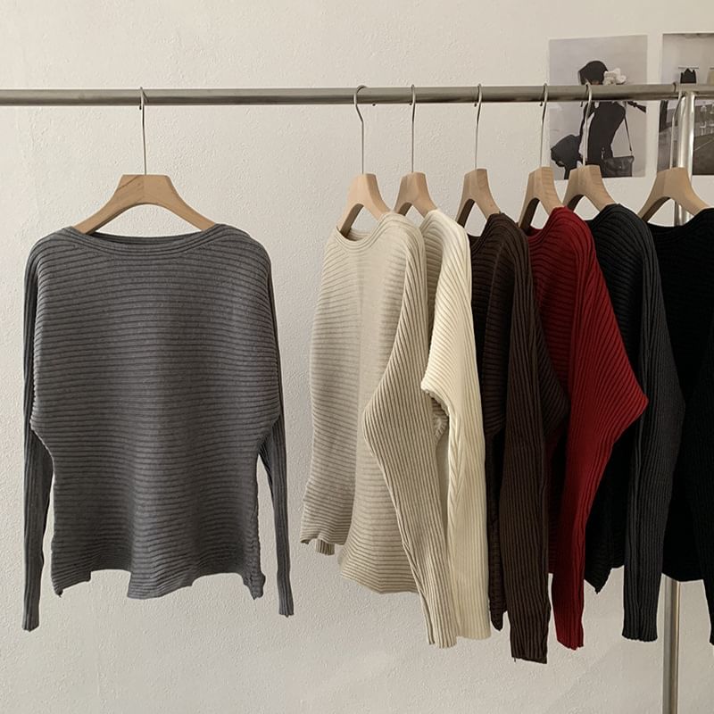 Boat Neck Ribbed Knit Long Sleeve Top