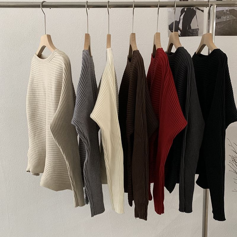 Boat Neck Ribbed Knit Long Sleeve Top