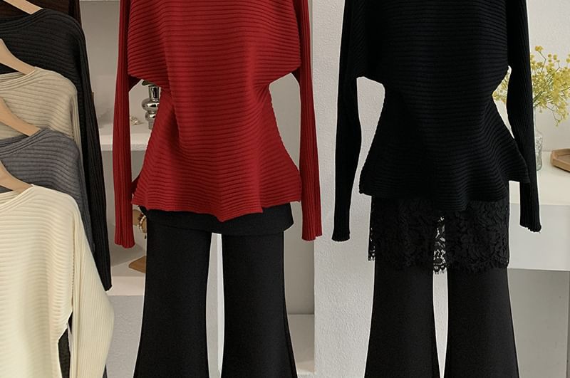 Boat Neck Ribbed Knit Long Sleeve Top