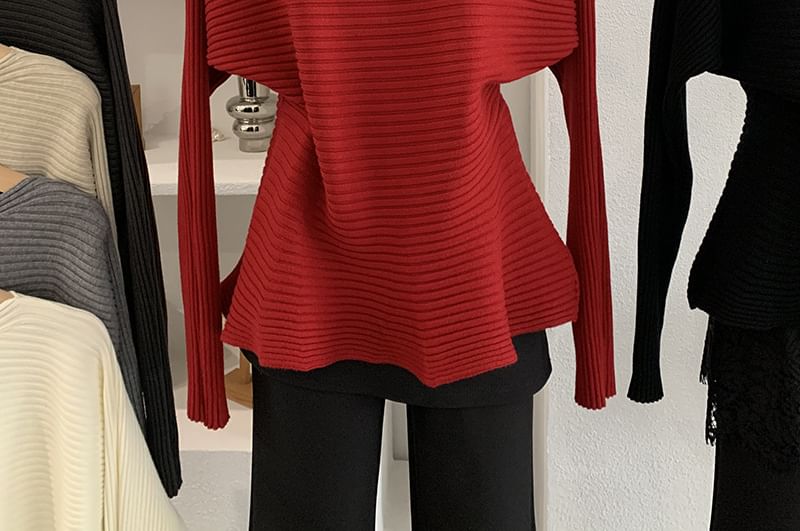 Boat Neck Ribbed Knit Long Sleeve Top