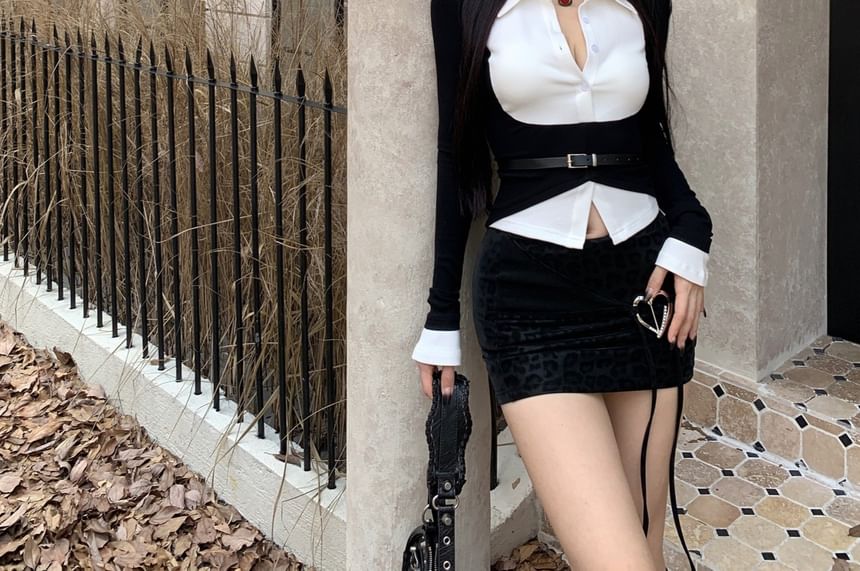 Two-Tone Collared Crop Top Set with Belt