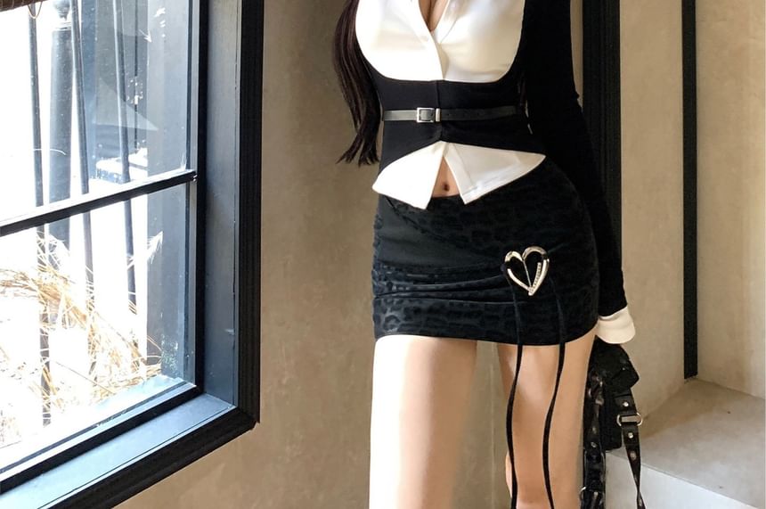 Two-Tone Collared Crop Top Set with Belt