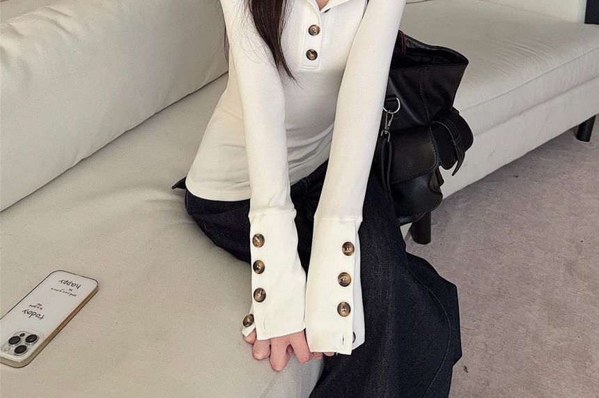 Henley Neck Long Sleeve Solid T-Shirt