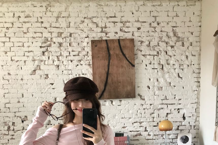 Off-Shoulder Plain Long Sleeve Tee