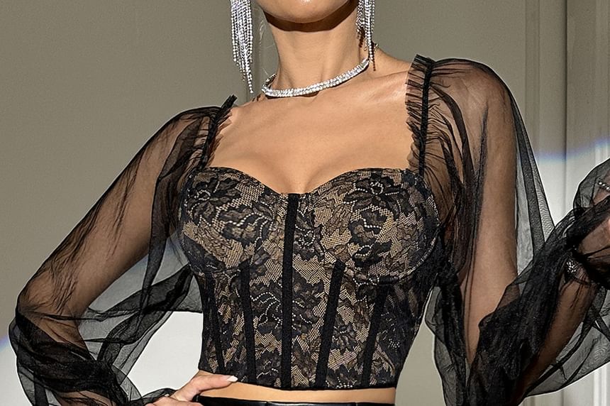 Frill-Trimmed Mesh Long-Sleeve Lace Corset Crop Top